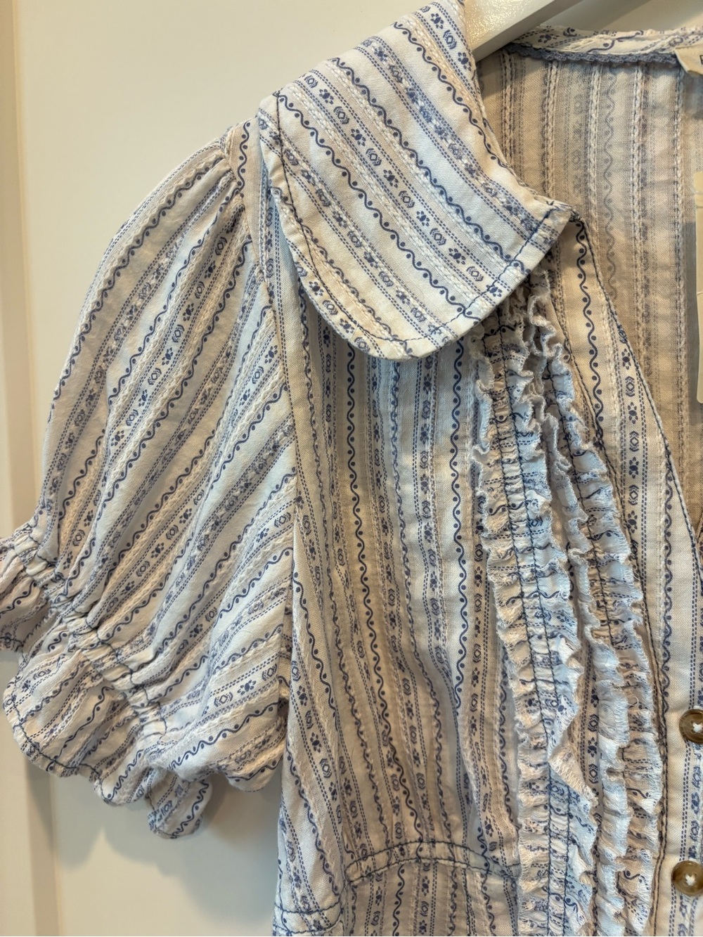 Pilcro Keira Tuxedo Blouse, Light Blue & White Striped Ruffle-Trim Button Down - Picture 7 of 11